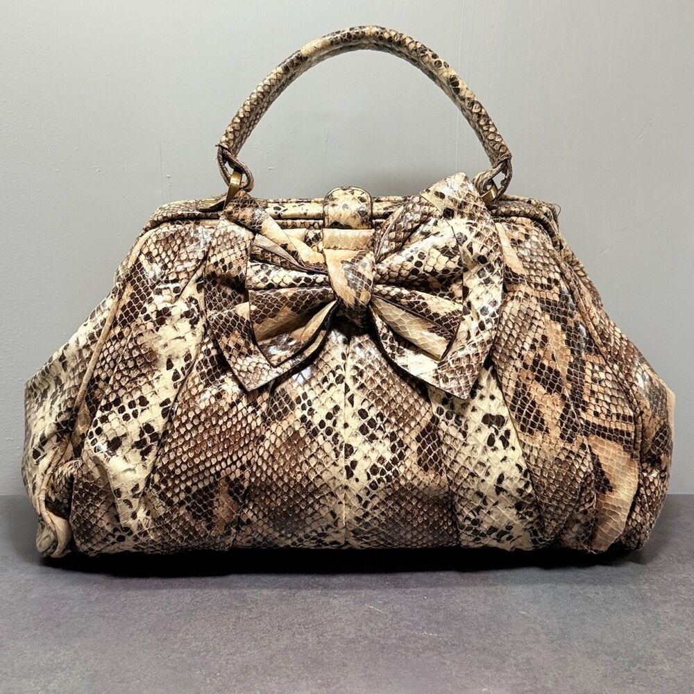 Jessica Simpson Satchel Handle Bag Brown Cream Snakeskin Bow Large